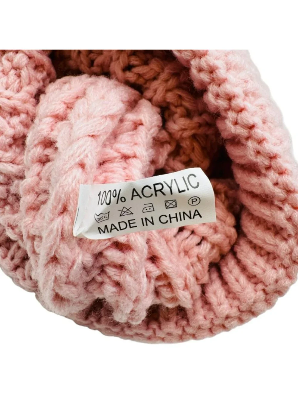 Pink Knit Pom Beanie Hat With Folded Cuff - 100% Acrylic - Made In China